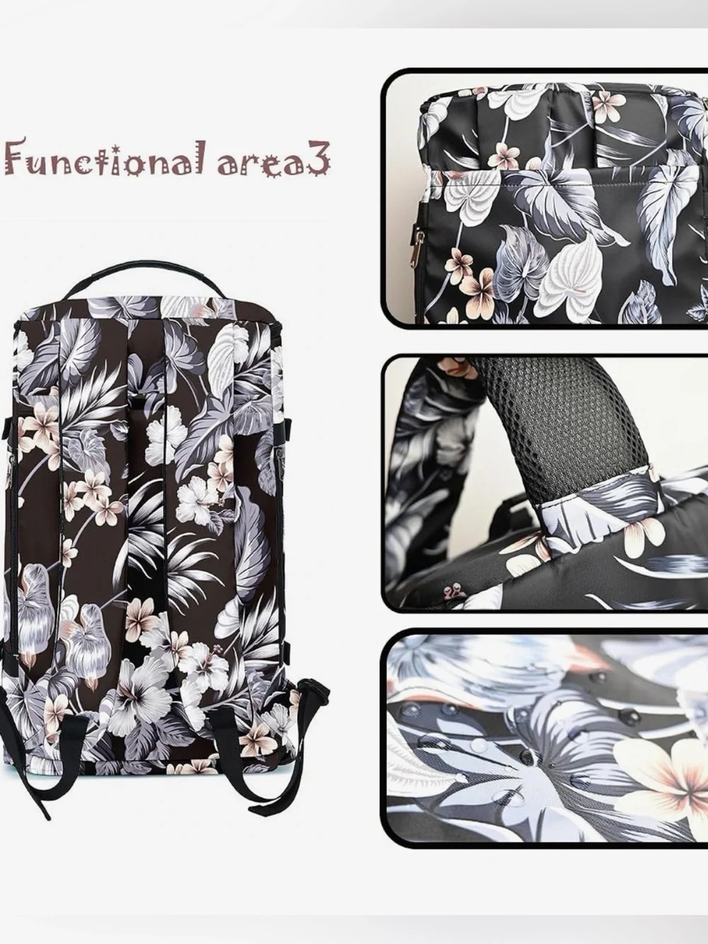 Black Floral Multi Purpose Travel Backpack Convertible